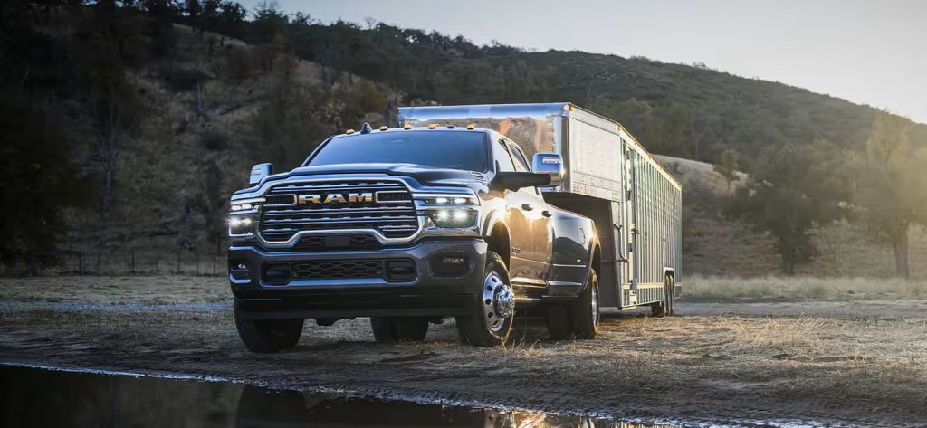 Ram 3500 DRW towing livestock trailer - with the Ram 10-year 100,000-mile powertrain warranty - Russell Barnett CDJR in Winchester, TN